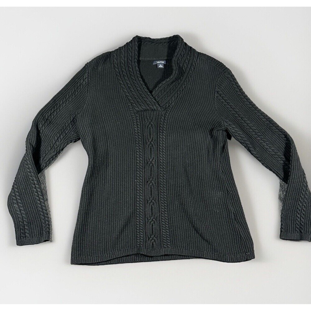 Nautica Cable Knit Shawl Collar Sweater Wmns XL Black Fisherman Career Goth